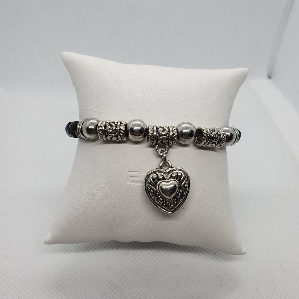 Silver Tone & Black Dangling Heart Bracelet